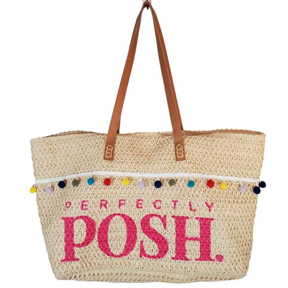 Perfectly Posh Handbags - Perfectly Posh Large Straw Tote Beach Bag w/ Pom Poms. Plus a Beach Towel.